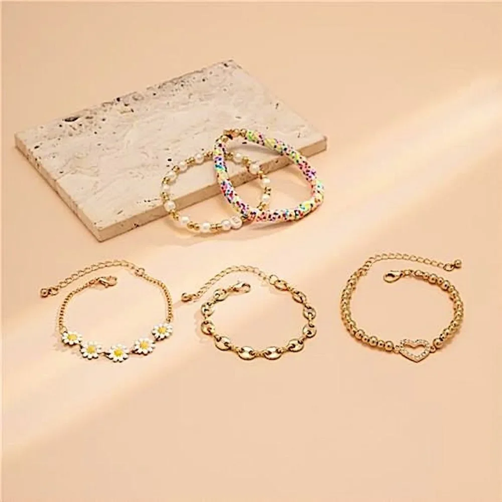 Summer Vibes Boho Daisy & Pearl Gold Tone 5 Piece Bracelet Stack Heart Charm Set